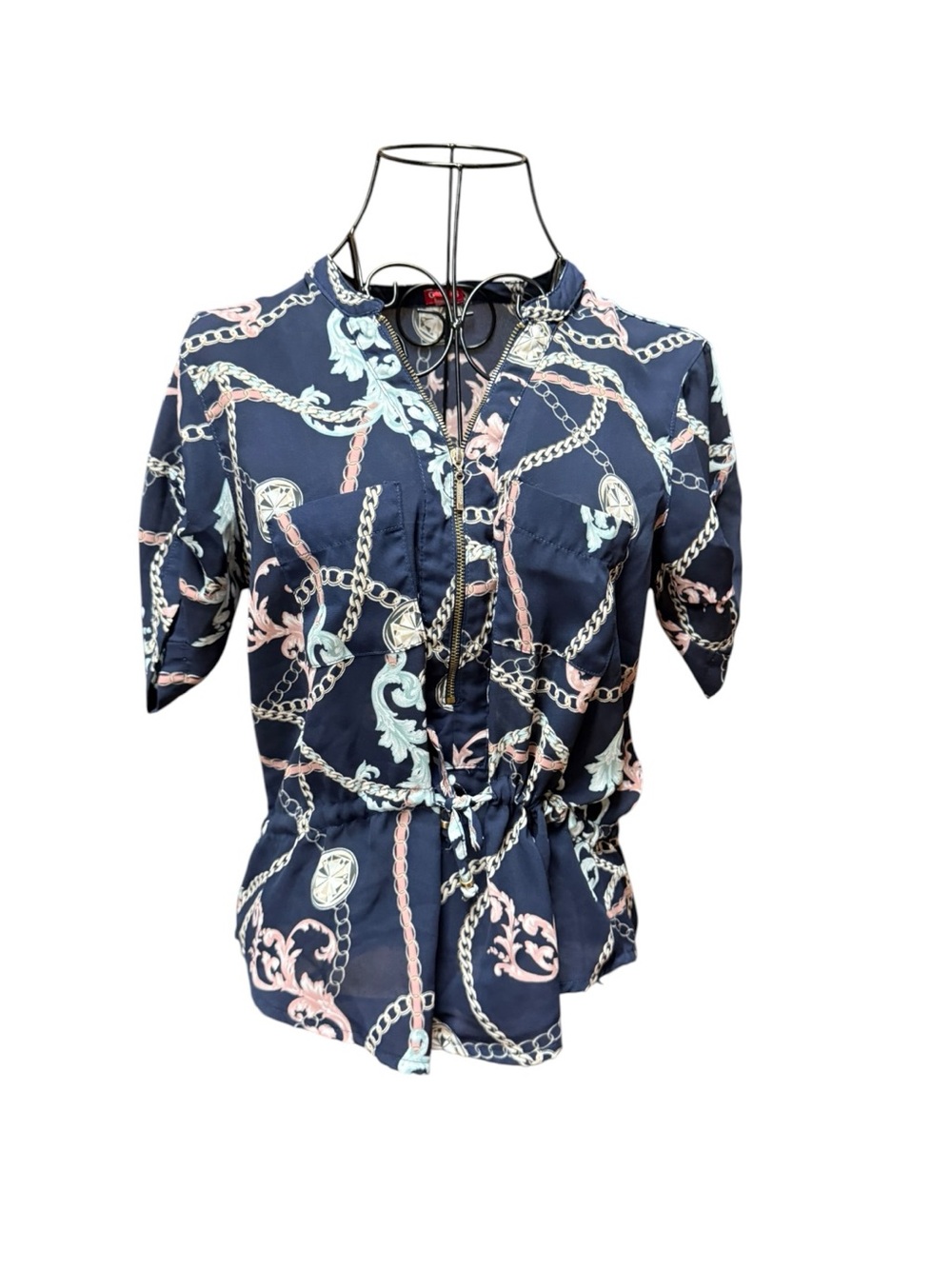 Guess Navy Chain-Print Tie Waist Short Sleeve Blouse